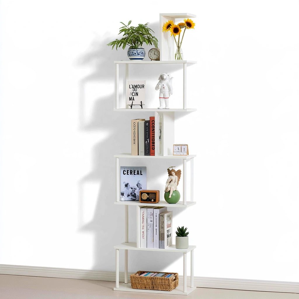 Modern five-tier white bookshelf by pubgardenbench with clean lines, standing against a solid background.